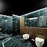 Visualisering af badeværelset med Marmor på gulv og vægge, kombineret med egetræ. På loftet er vist Troldtekt Line, i kombination med led linielys i overgangen mellem loft og væg. Dette fremhæver den flotte marmor.