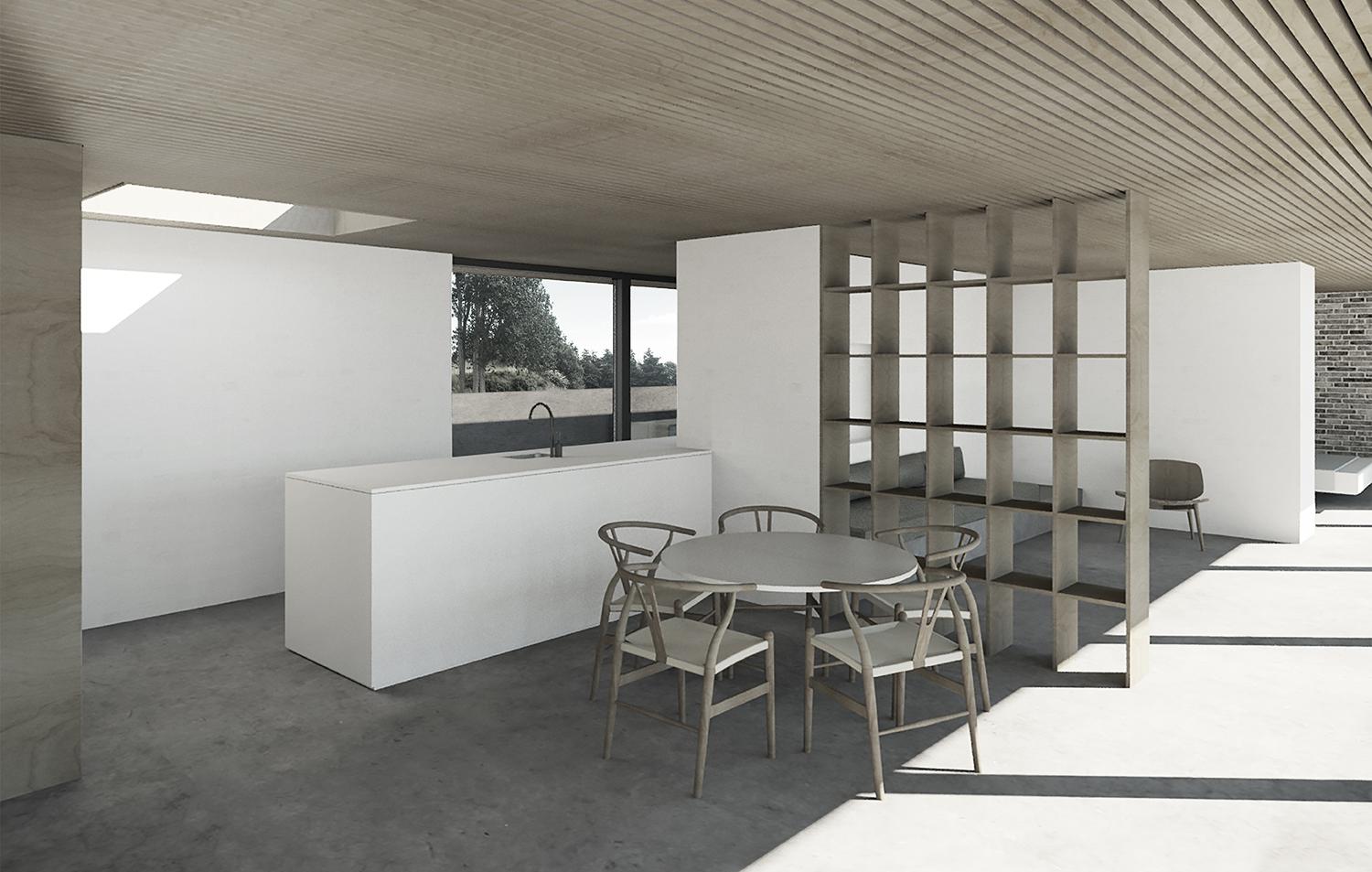 Køkkenet fremstår lyst og enkelt, og skaber forbindelse til østvendt terrasse og udsigt.

